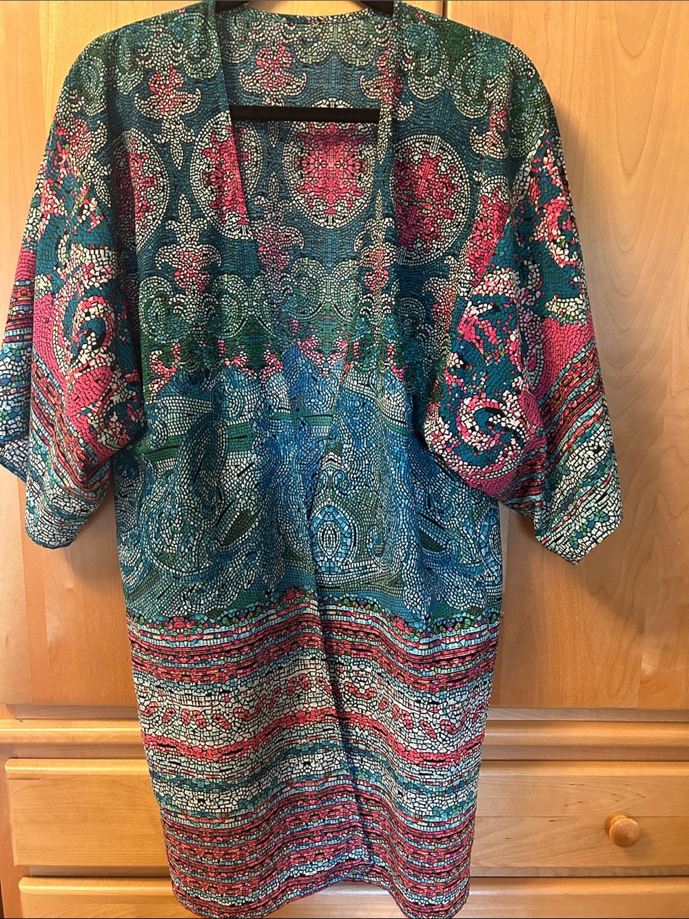 Boho Paisley Open Kimono Jacket in Teal & Pink